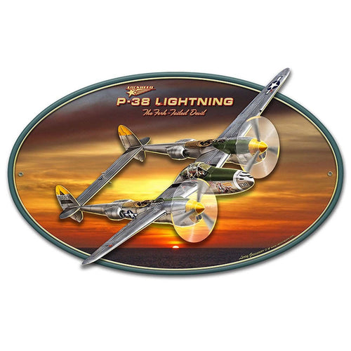 3D P-38 Lightning Oval Metal Sign - LGB112