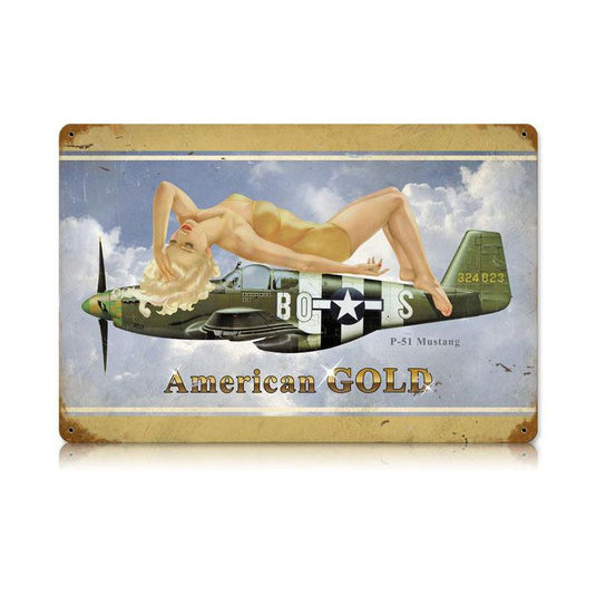 P-51 American Gold Metal Sign - V629